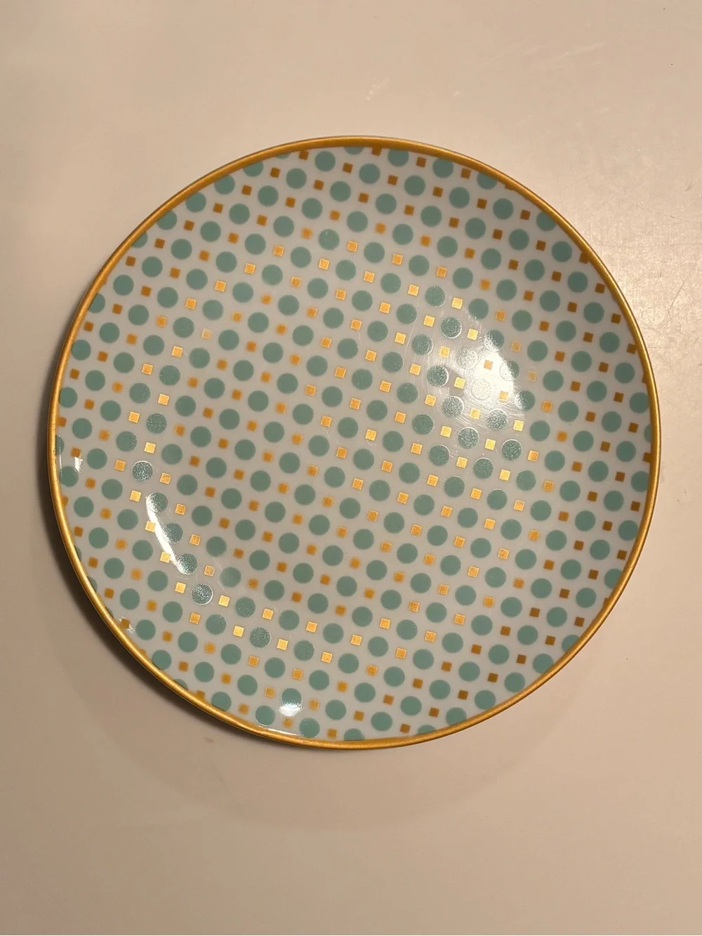 10 Strawberry Street Aqua Polka Dot Gold Accent Salad Dessert Plate 7.5”